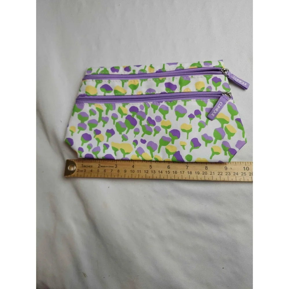 Clinique Floral Makeup Bag Purple Yellow Green Double Zip Cosmetic Pouch Travel